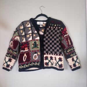 Vintage Wool Knit Embroidered  Winter Wonderland Patchwork Blue Cream Cardigan S